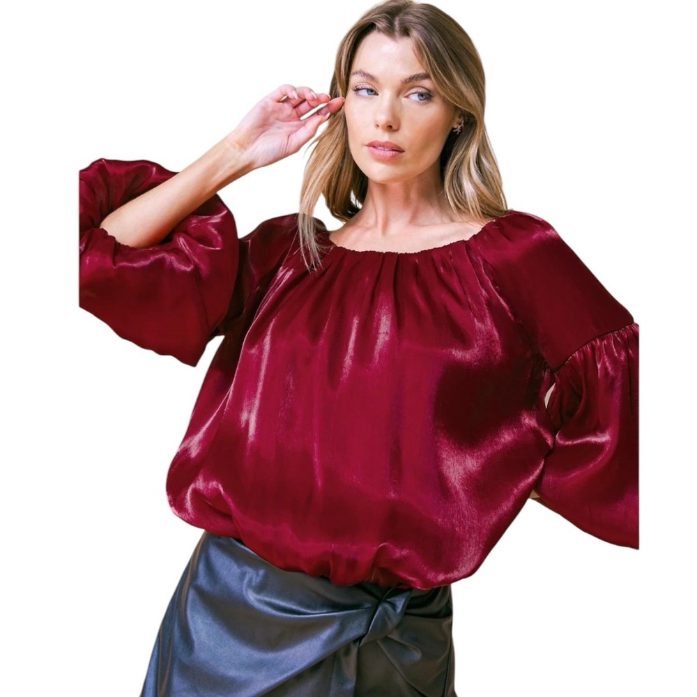 Flying Tomato Burgundy Woven Top On/Off Neckline Long Lantern Sleeves Medium
